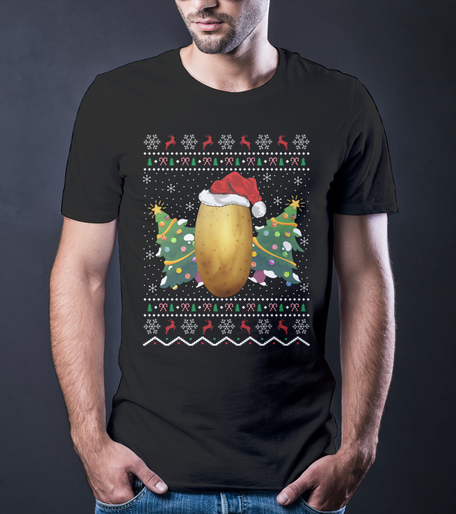 Potato Lover Christmas Ugly Sweater Santa Hat Reindeer Snowflakes Christmas Tree T-Shirt