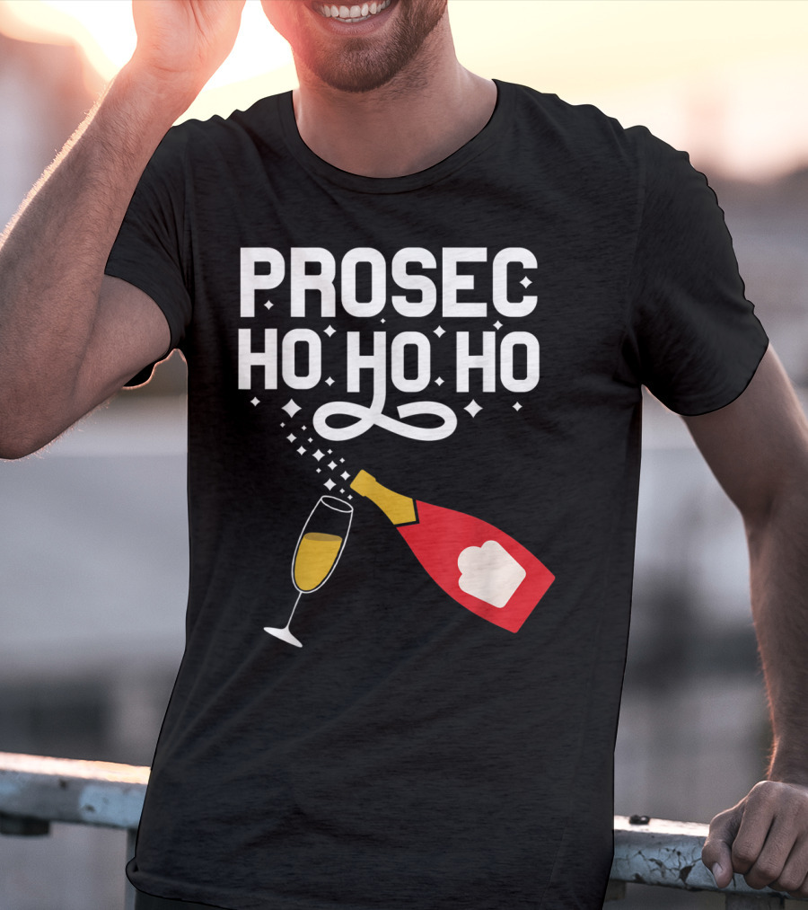 Prosecco Ho Ho Ho Funny Christmas Wine Bottle And Glass T-Shirt