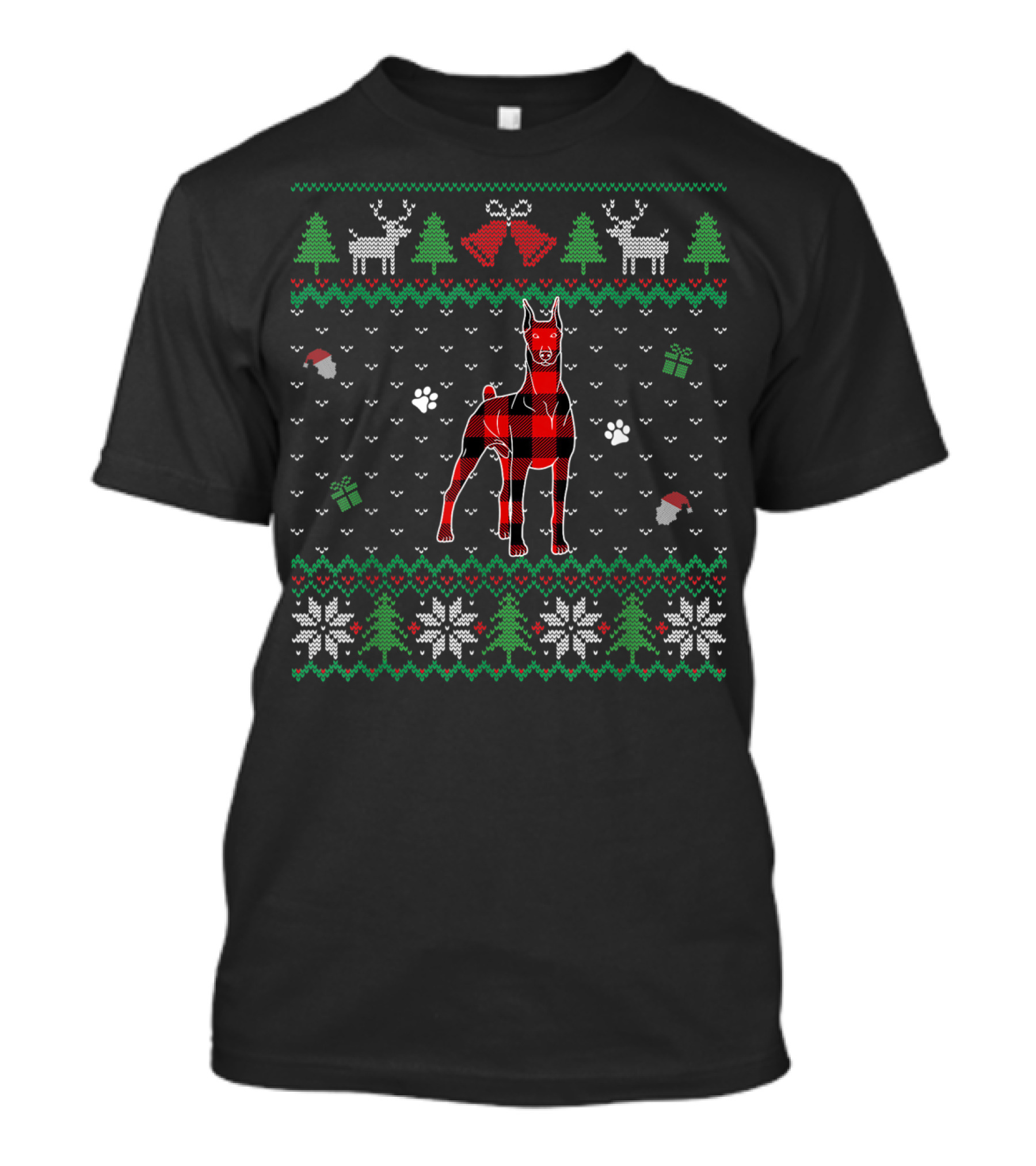 Red Plaid Doberman Dog Ugly Christmas T-Shirt