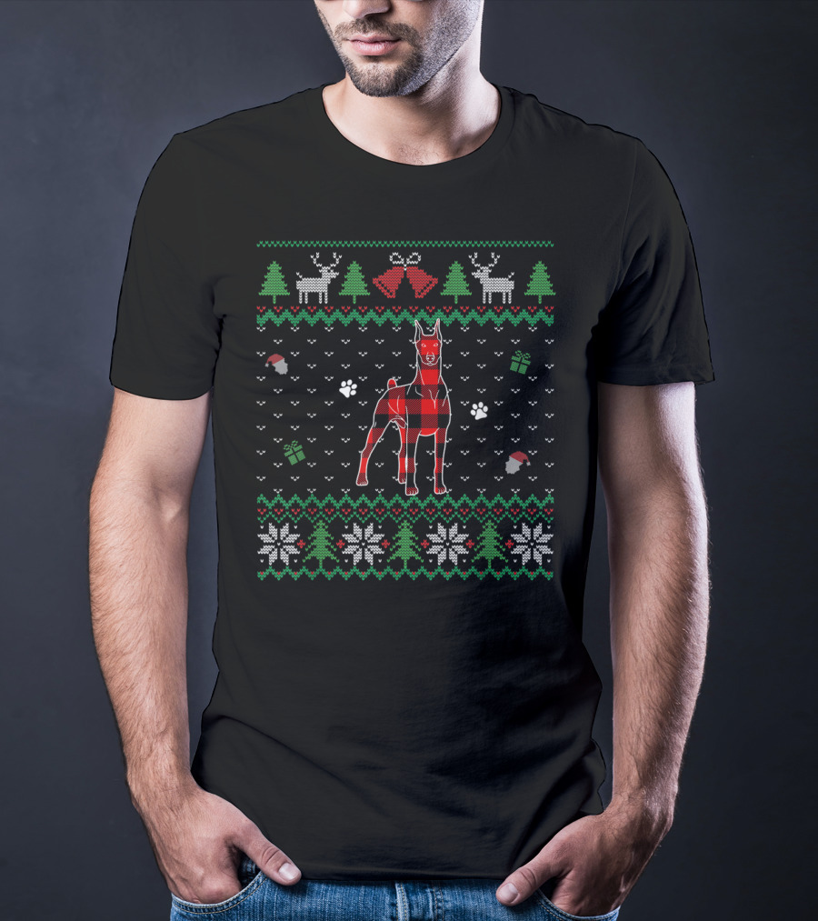Red Plaid Doberman Dog Ugly Christmas T-Shirt