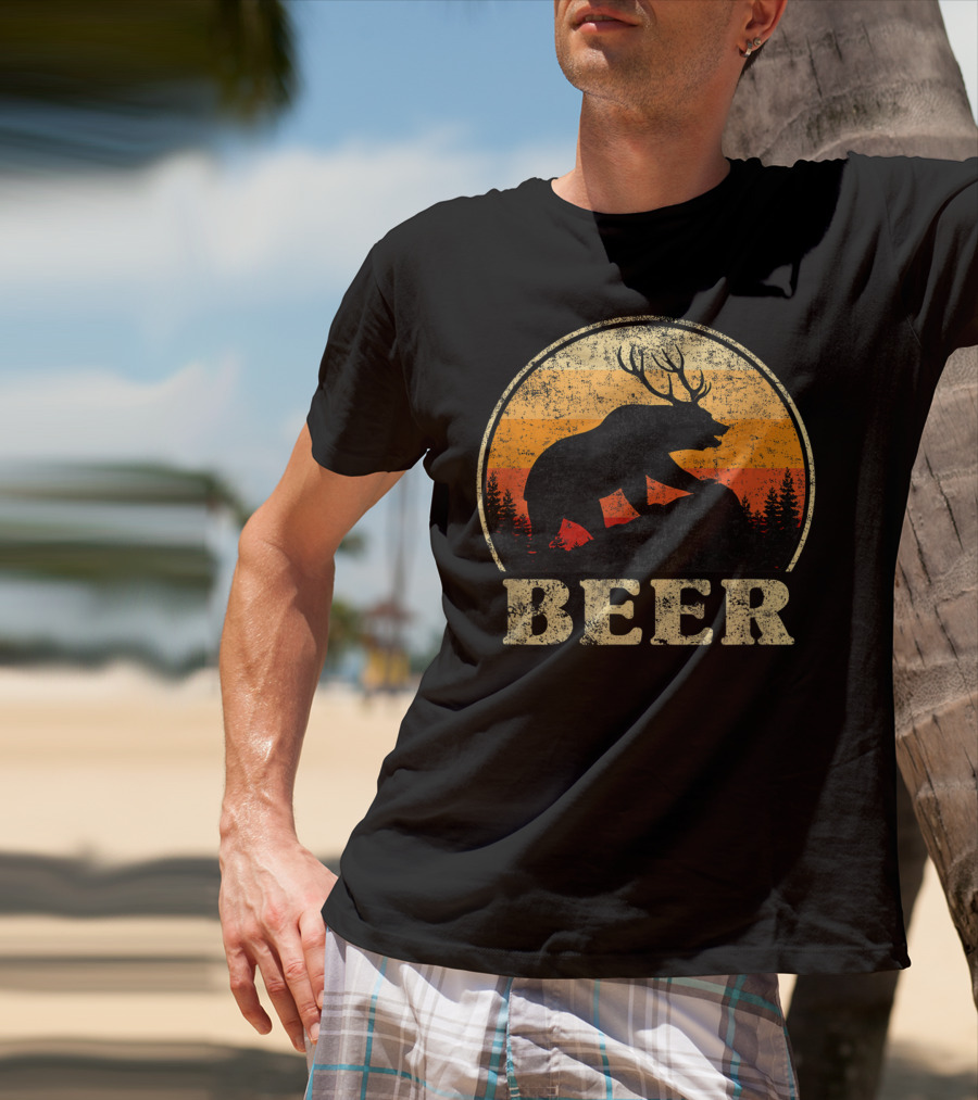 Bear Deer Beer Retro Vintage Silhouette Forest Sunset T-Shirt
