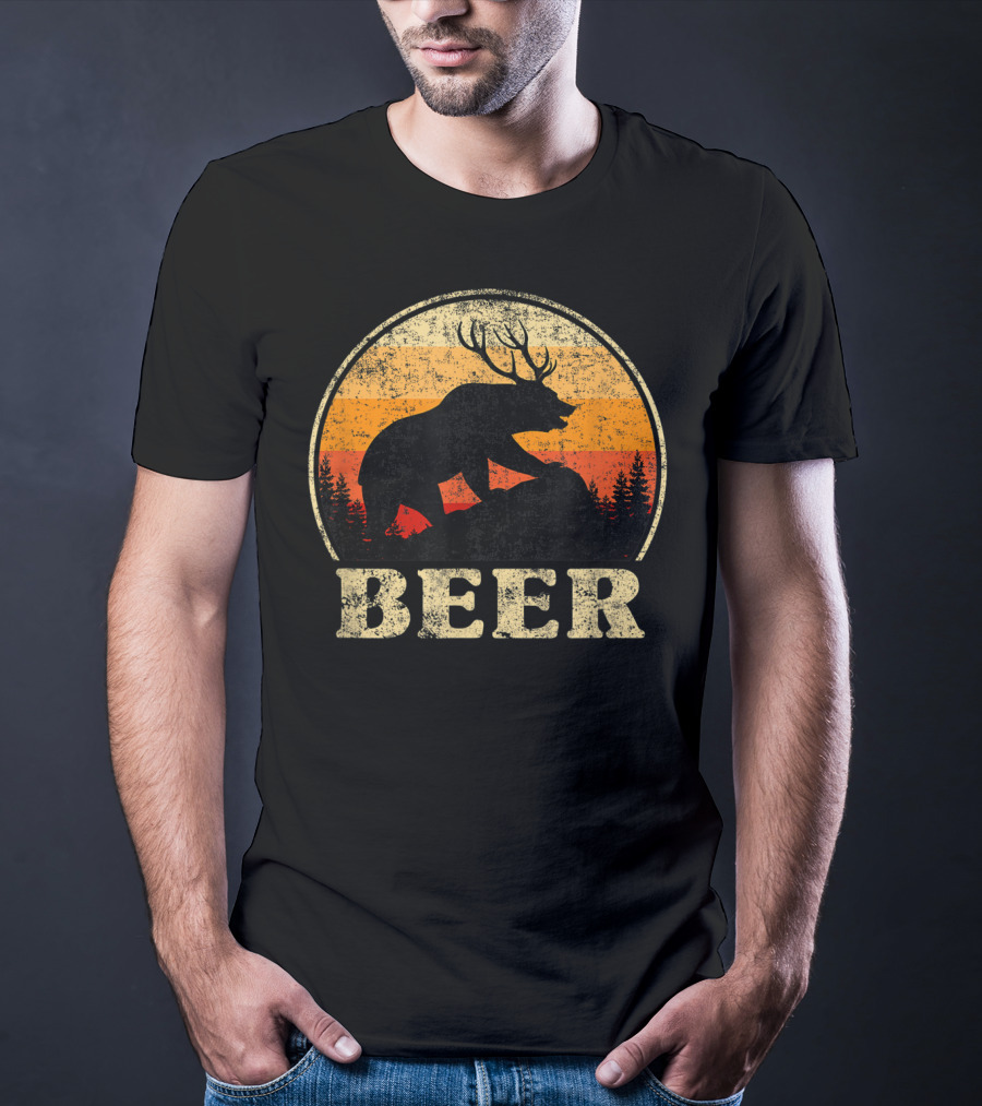 Bear Deer Beer Retro Vintage Silhouette Forest Sunset T-Shirt