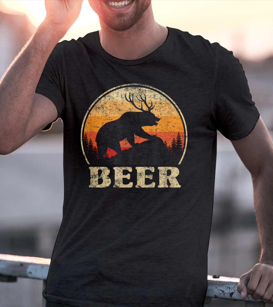 Bear Deer Beer Retro Vintage Silhouette Forest Sunset T-Shirt