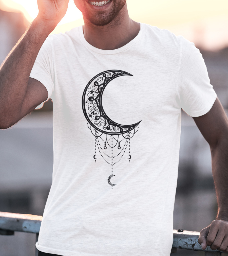 Beautiful Black Crescent Moon Dreamcatcher Design With Intricate Patterns And Hanging Beads T-Shirt