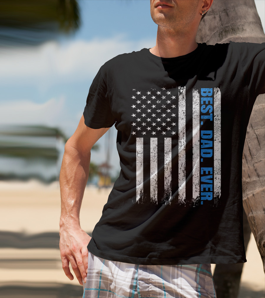 Best Dad Ever USA Flag Fathers Day Police Thin Blue Line T-Shirt