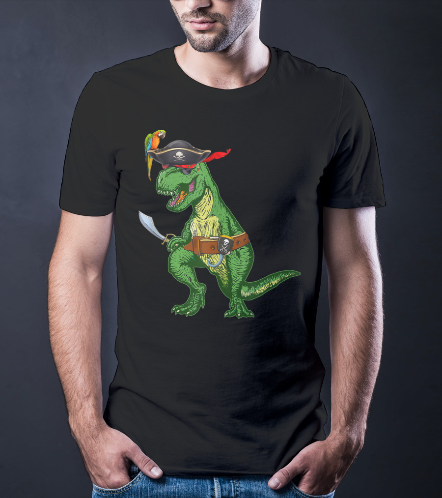 Boys Kids Dinosaur T-Rex Pirate With Parrot And Sword T-Shirt