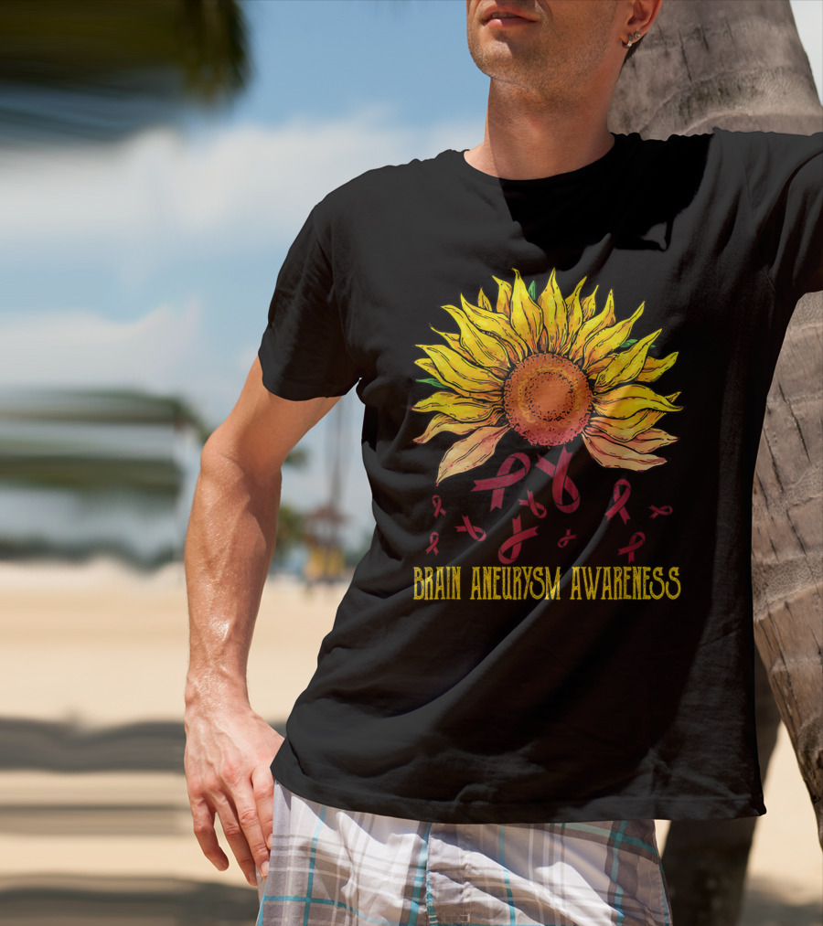 Brain Aneurysm Awareness Sunflower With Yellow Sunflower And Red Ribbons T-Shirt