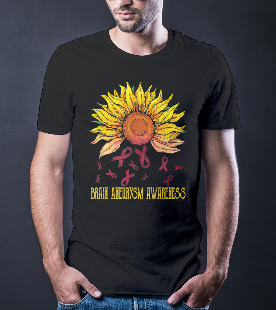 Brain Aneurysm Awareness Sunflower With Yellow Sunflower And Red Ribbons T-Shirt