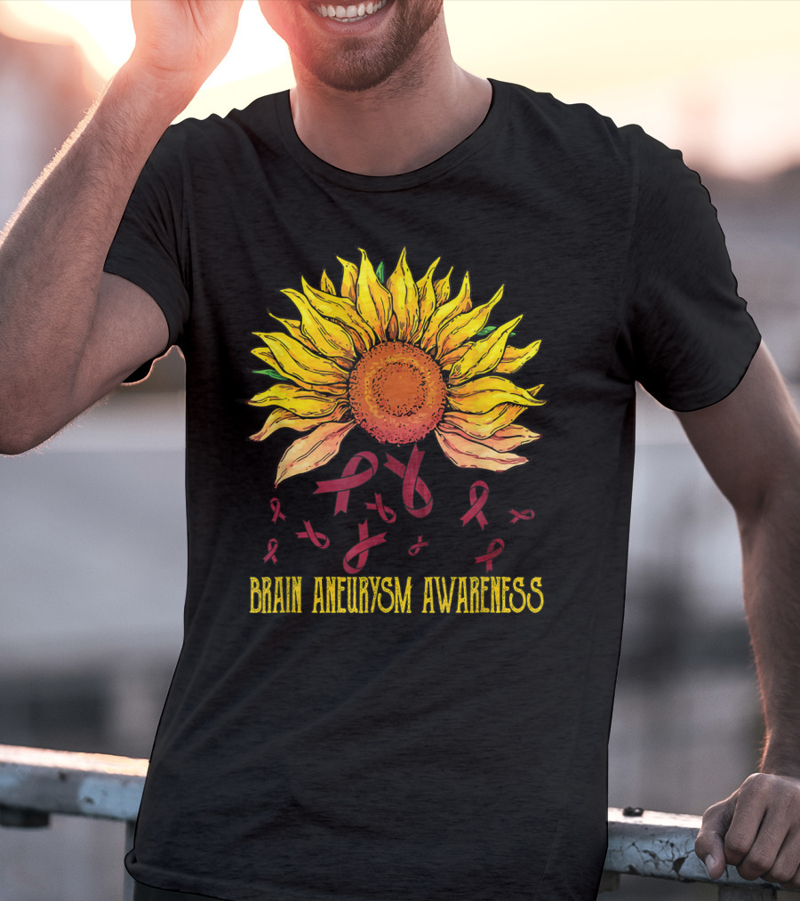 Brain Aneurysm Awareness Sunflower With Yellow Sunflower And Red Ribbons T-Shirt