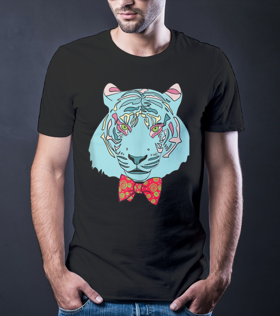 Colorful Tiger Head With Spiraled Bow Tie T-Shirt