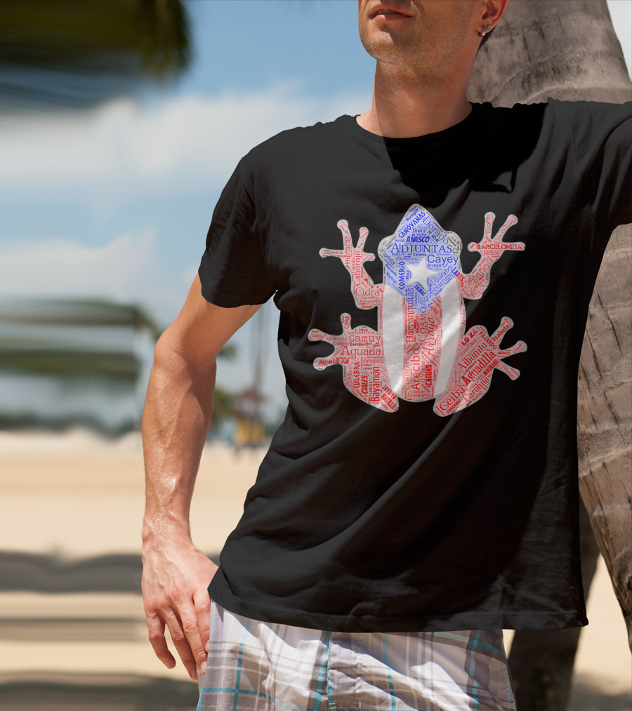 Coqui Taino Puerto Rico Cities Boricua Flag Adjuntas Aguadilla Arecibo Barceloneta Caguas Cayey Ceiba Cidra Coamo Guayama Manati Morovis Yauco T-Shirt