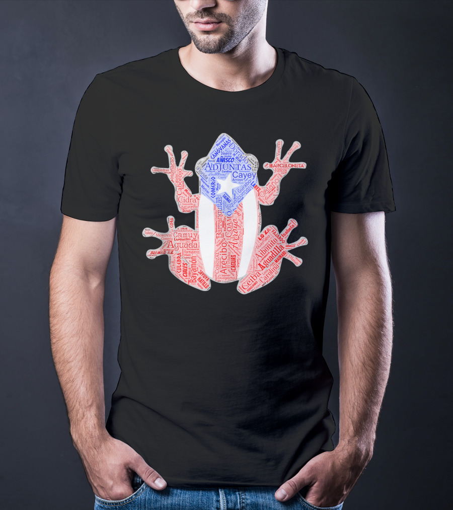 Coqui Taino Puerto Rico Cities Boricua Flag Adjuntas Aguadilla Arecibo Barceloneta Caguas Cayey Ceiba Cidra Coamo Guayama Manati Morovis Yauco T-Shirt