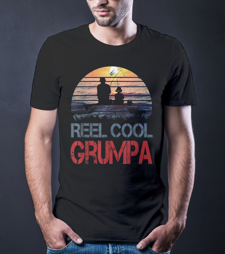 Father's Day Reel Cool Grumpa Fishing Silhouette With Sunset Background T-Shirt
