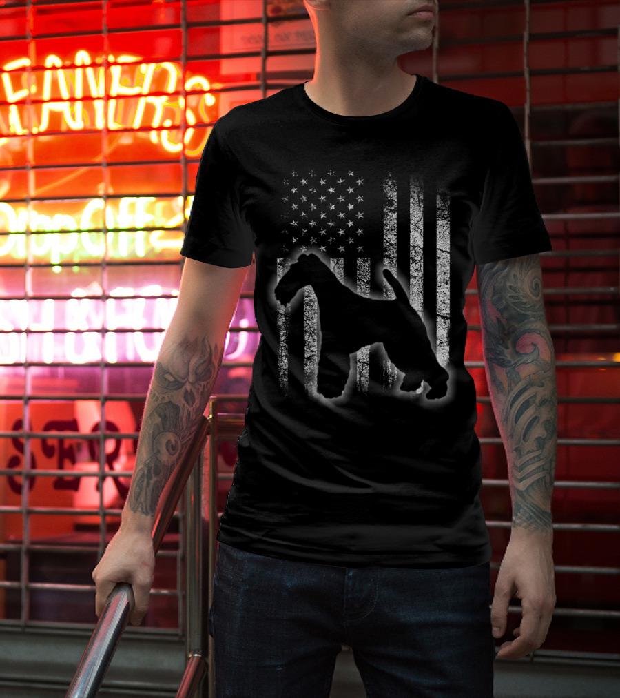 American Flag Wire Fox Terrier Dog Silhouette Love T-Shirt