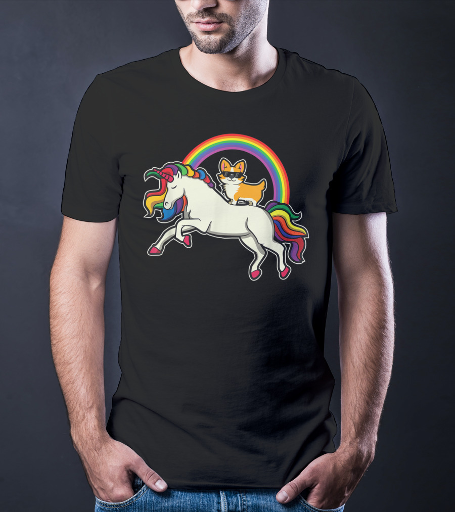 Funny Corgi Riding Rainbow Unicorn Puppy For Dog Lovers T-Shirt