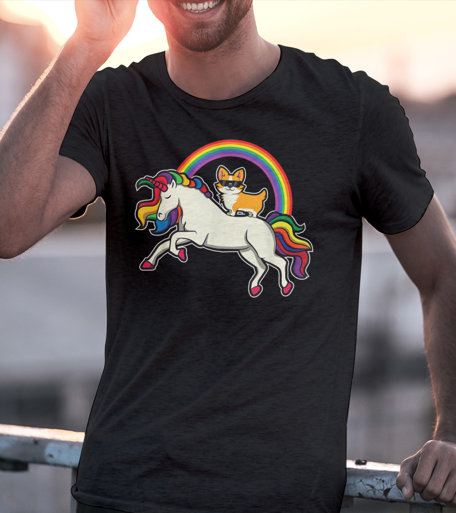 Funny Corgi Riding Rainbow Unicorn Puppy For Dog Lovers T-Shirt