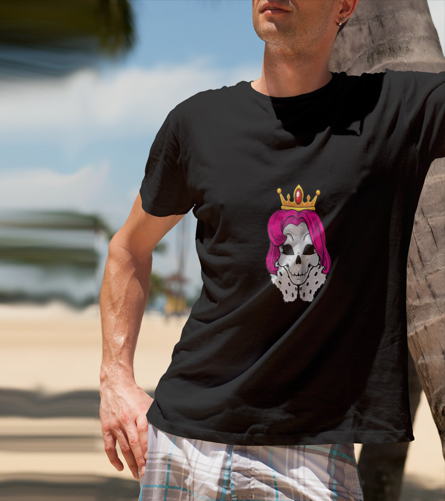 Bright Pink-Haired Skull Queen With Crown And Regal Cape T-Shirt
