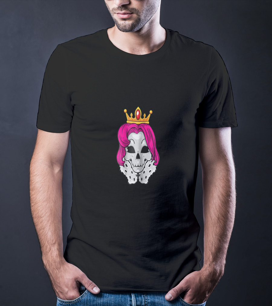 Bright Pink-Haired Skull Queen With Crown And Regal Cape T-Shirt