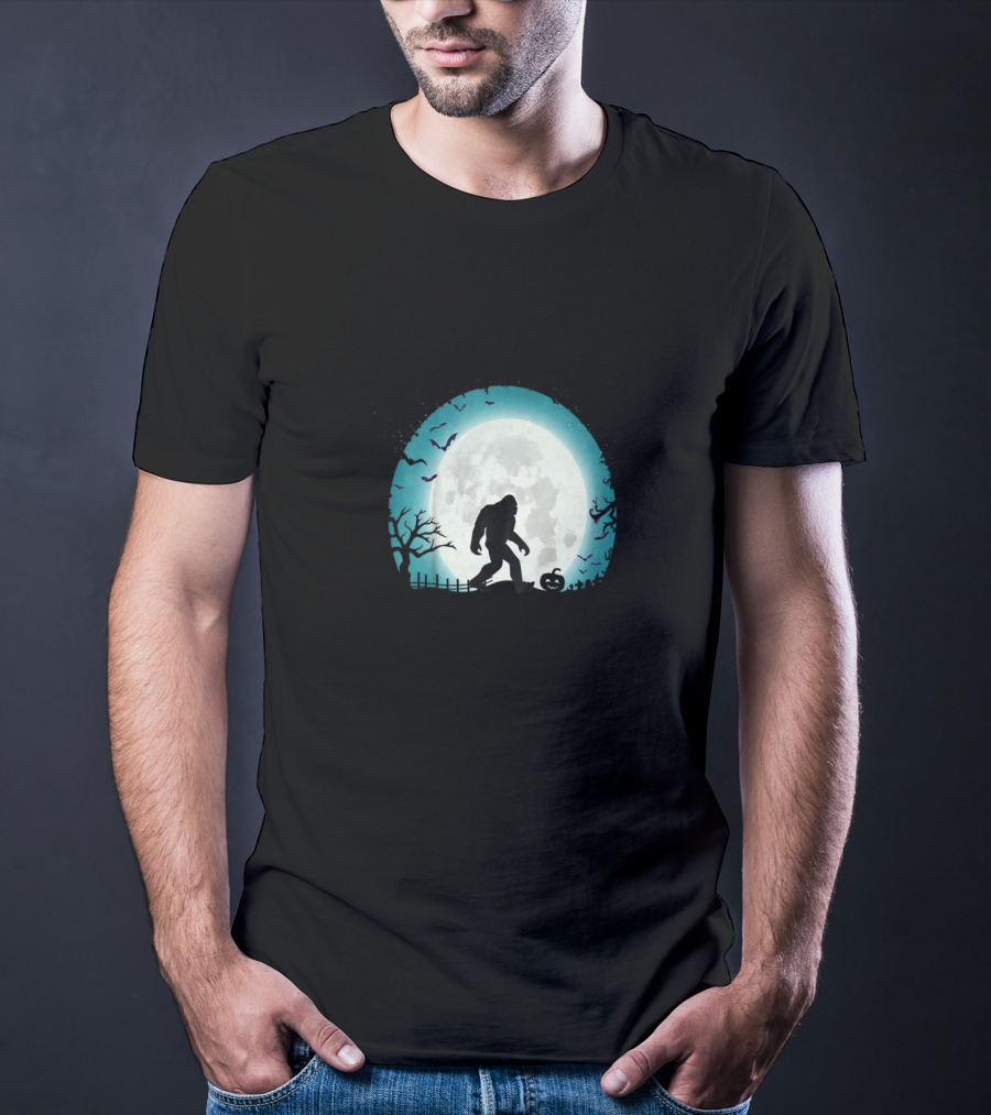Halloween Bigfoot Silhouette With Full Moon And Bats Scene T-Shirt
