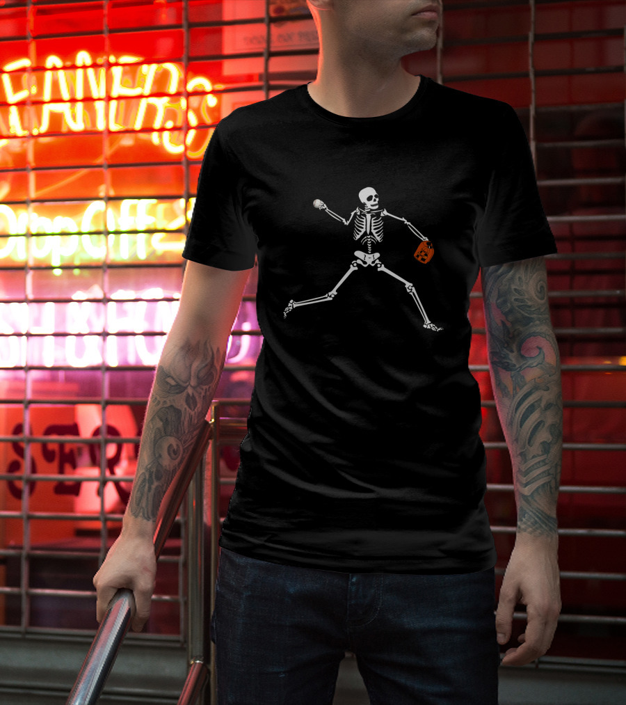 Skeleton Pitcher Halloween Baseball Player With Pumpkin Candy Bag T-Shirt