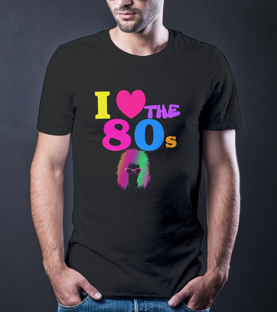 I Love The 80s Neon Heart With Punk Rocker Hair And Sunglasses T-Shirt