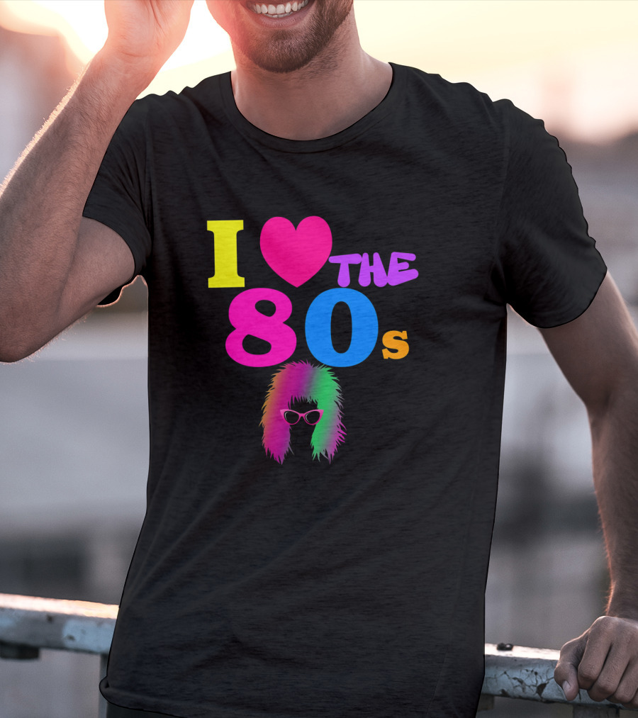 I Love The 80s Neon Heart With Punk Rocker Hair And Sunglasses T-Shirt