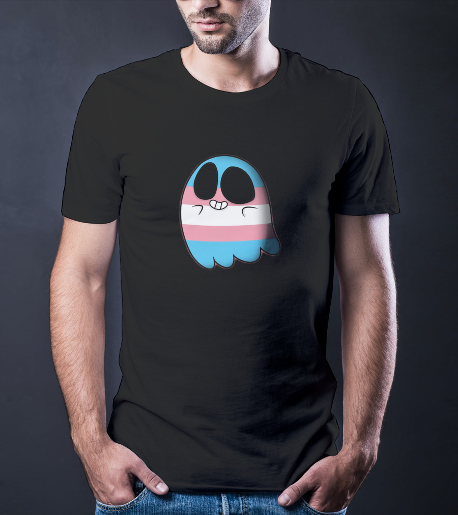 Cute Happy Ghost With Transgender Pride Flag Stripes T-Shirt