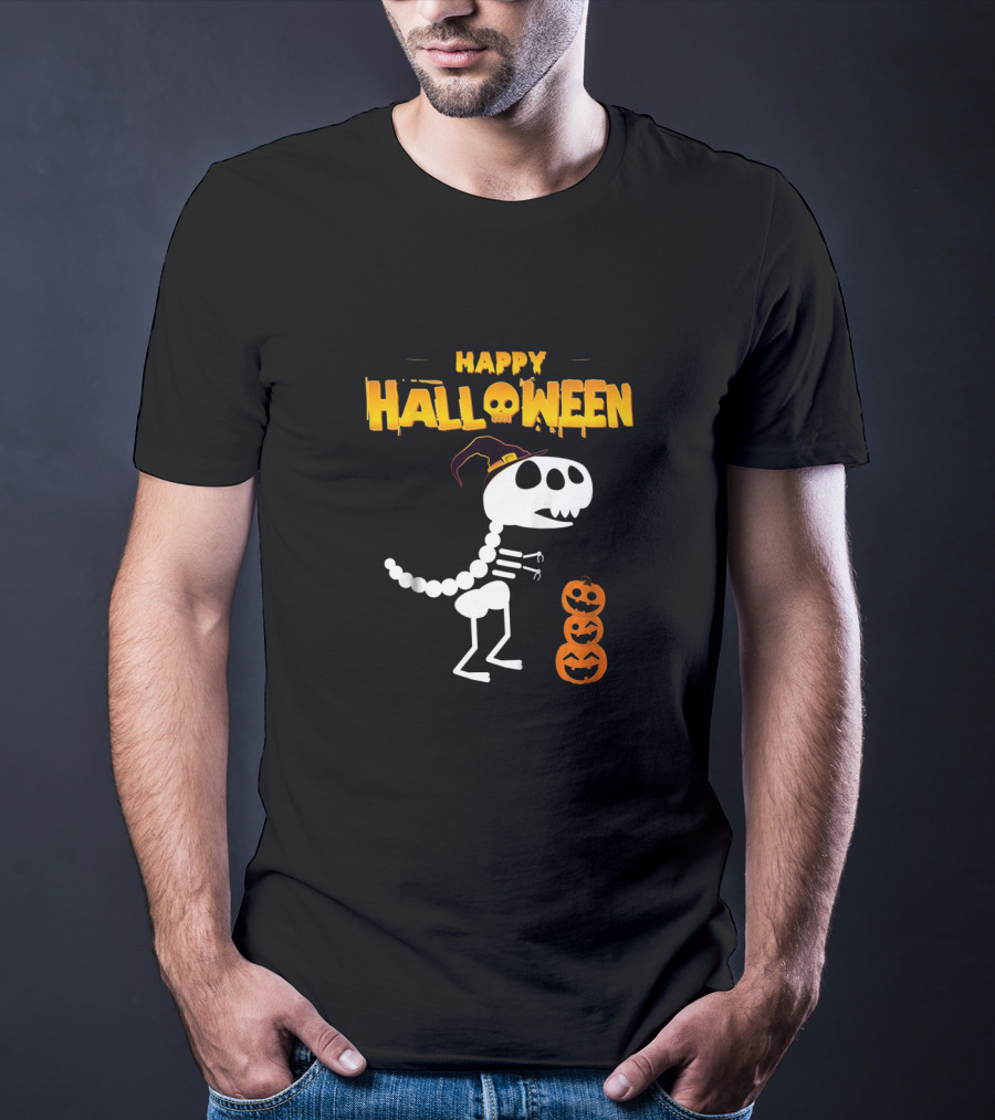 Happy Halloween Skeleton Dinosaur With Pumpkin Stack T-Shirt