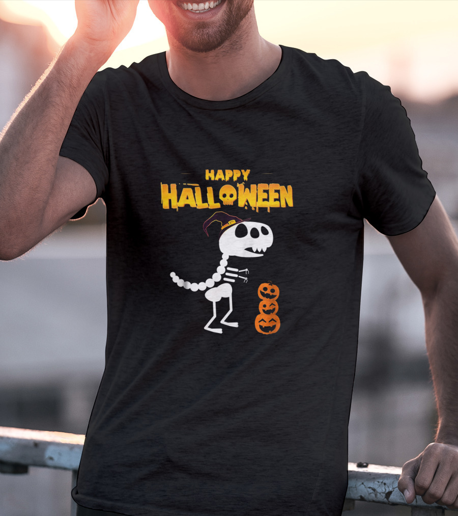 Happy Halloween Skeleton Dinosaur With Pumpkin Stack T-Shirt