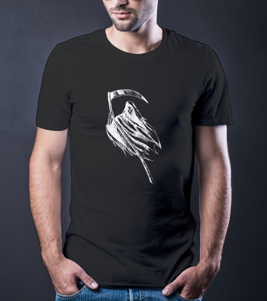 Grim Reaper Holding Scythe With Skull-Faced Cloak T-Shirt