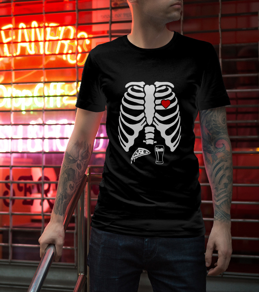 Skeleton Pregnancy X-Ray Pizza Beer Heart T-Shirt