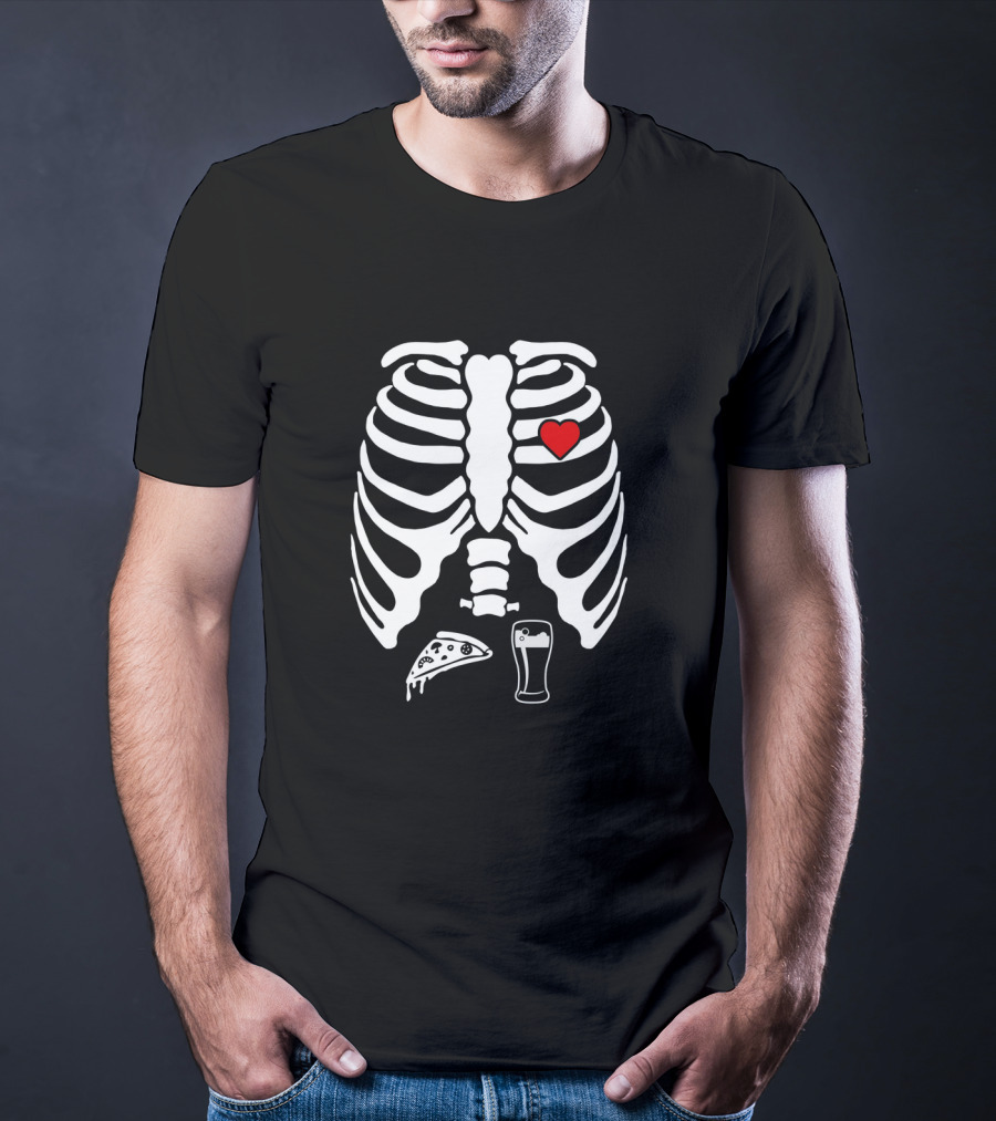 Skeleton Pregnancy X-Ray Pizza Beer Heart T-Shirt
