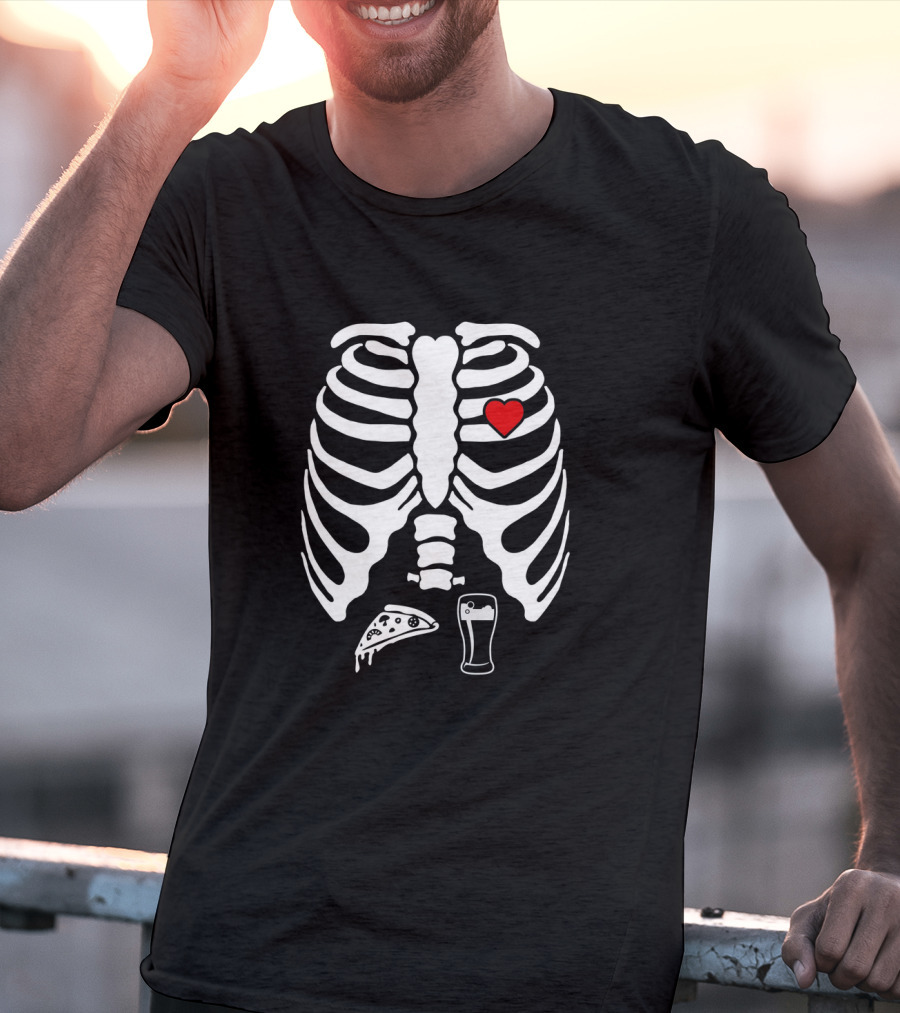 Skeleton Pregnancy X-Ray Pizza Beer Heart T-Shirt
