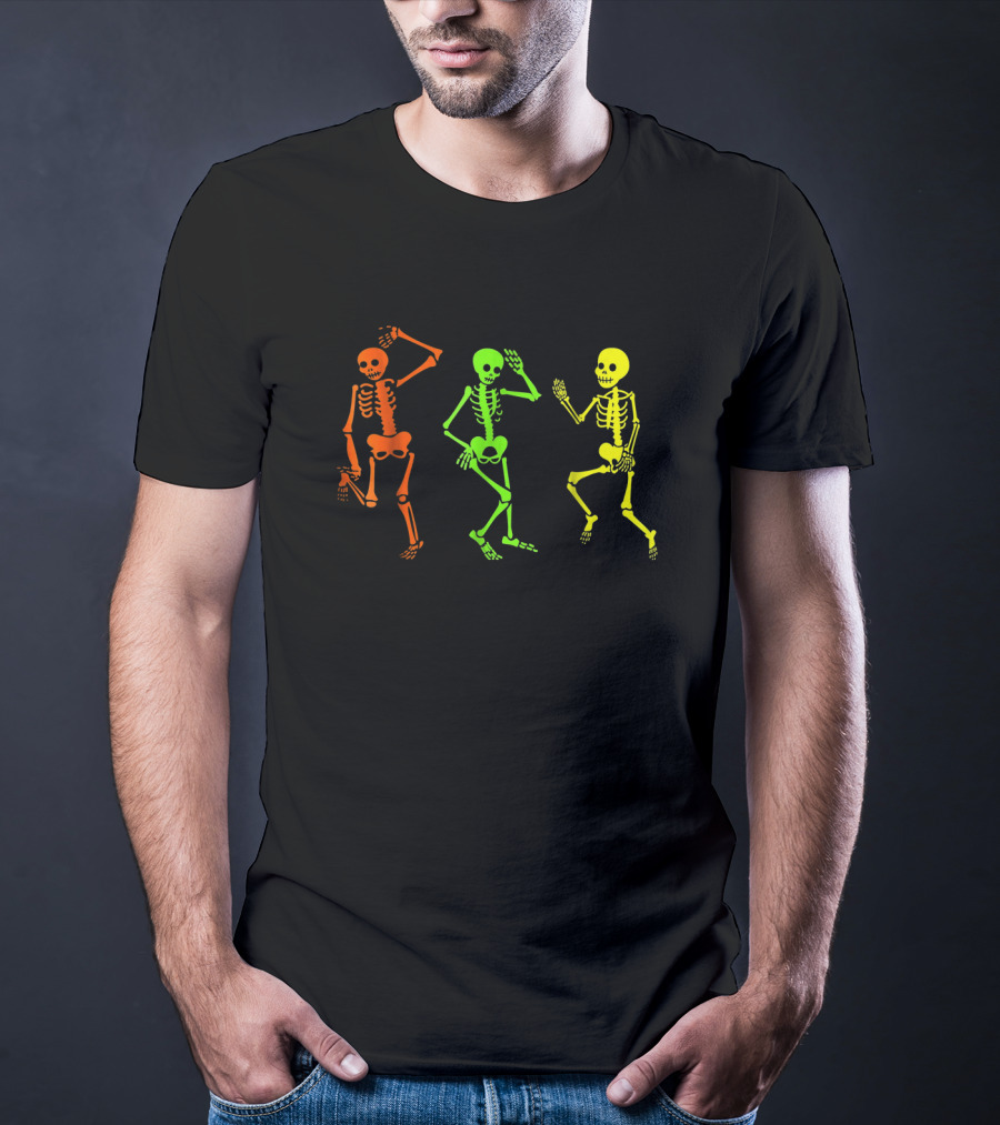 Three Skeletons Glow In The Dark Halloween Costume Dance Party T-Shirt