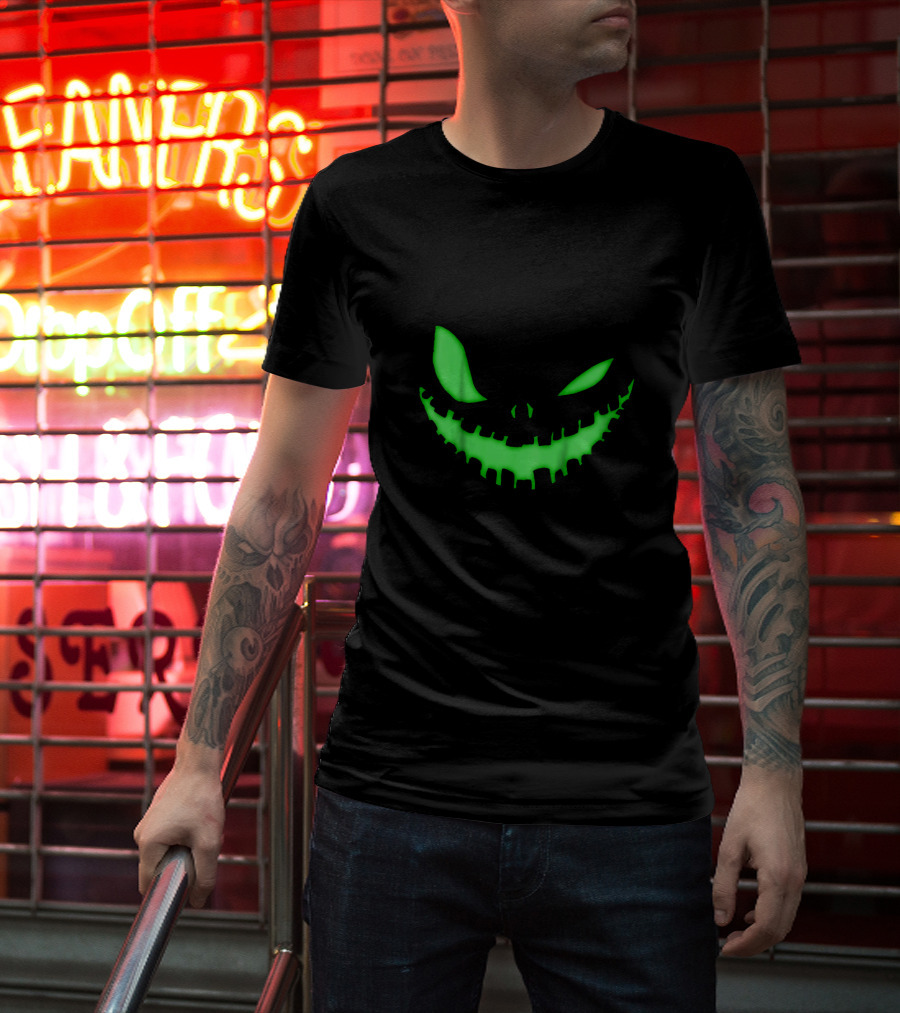 Spooky Face Halloween Dark Green Glow Creepy Smile T-Shirt