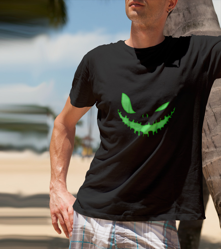 Spooky Face Halloween Dark Green Glow Creepy Smile T-Shirt