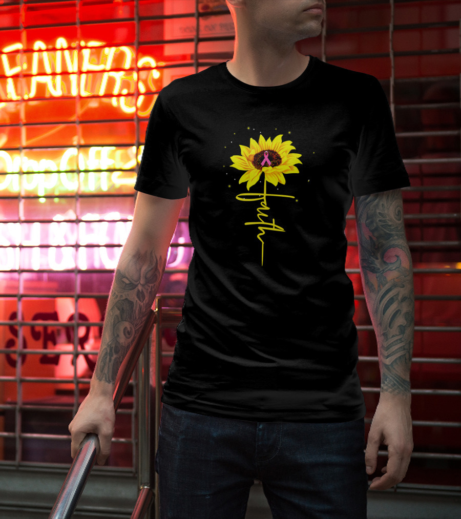 Faith Pink Ribbon Sunflower Breast Cancer Awareness T-Shirt