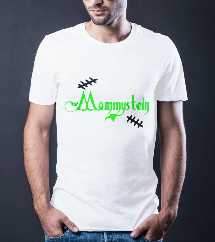 Mommystein Frankenstein Inspired Green And Black Stitched Text T-Shirt