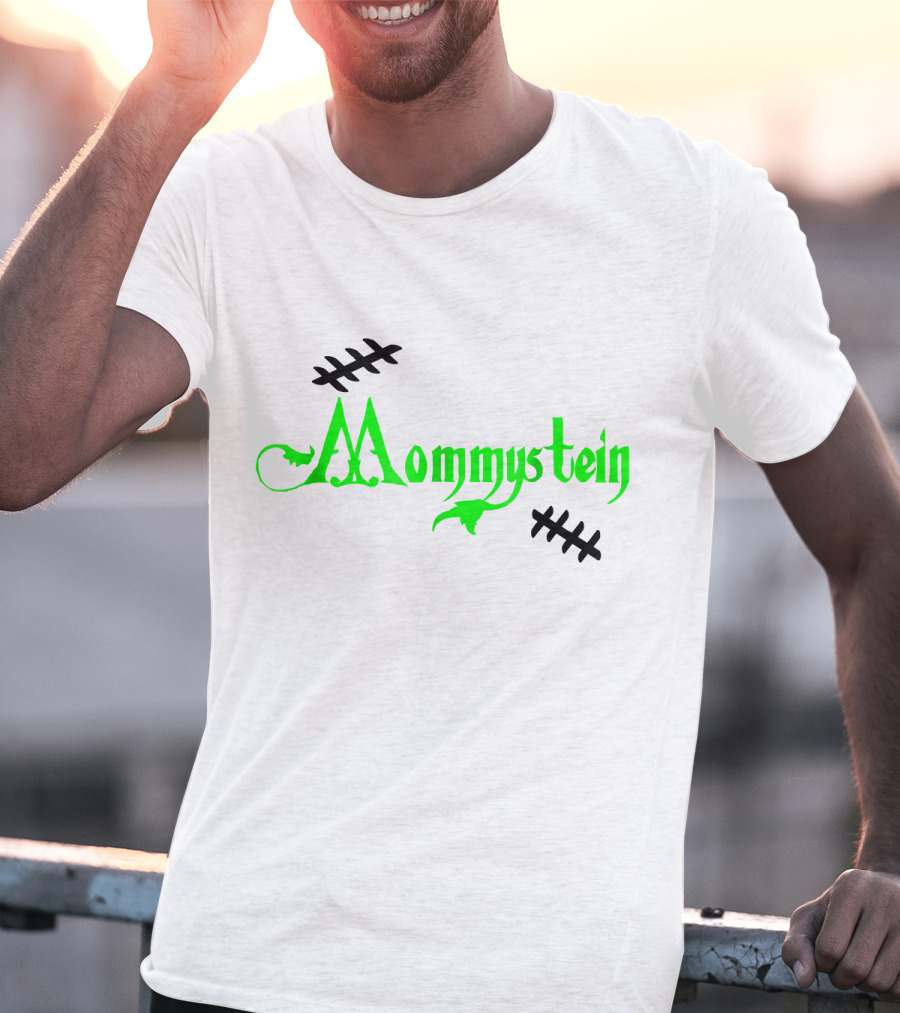 Mommystein Frankenstein Inspired Green And Black Stitched Text T-Shirt