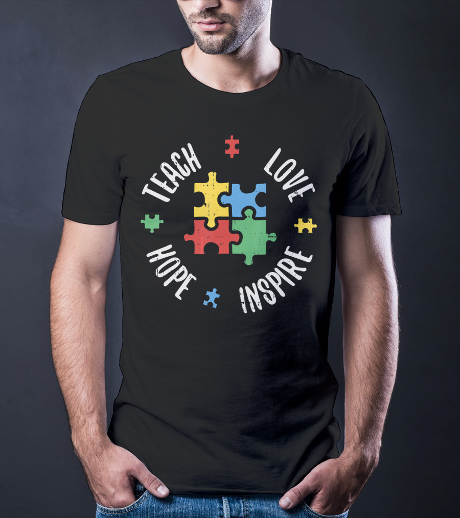 Teach Love Hope Inspire Autism Teacher Special Ed Puzzle Pieces T-Shirt
