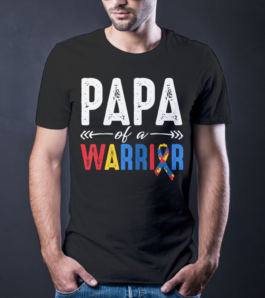 Papa Of A Warrior Autism Awareness Grandpa Colorful Puzzle T-Shirt