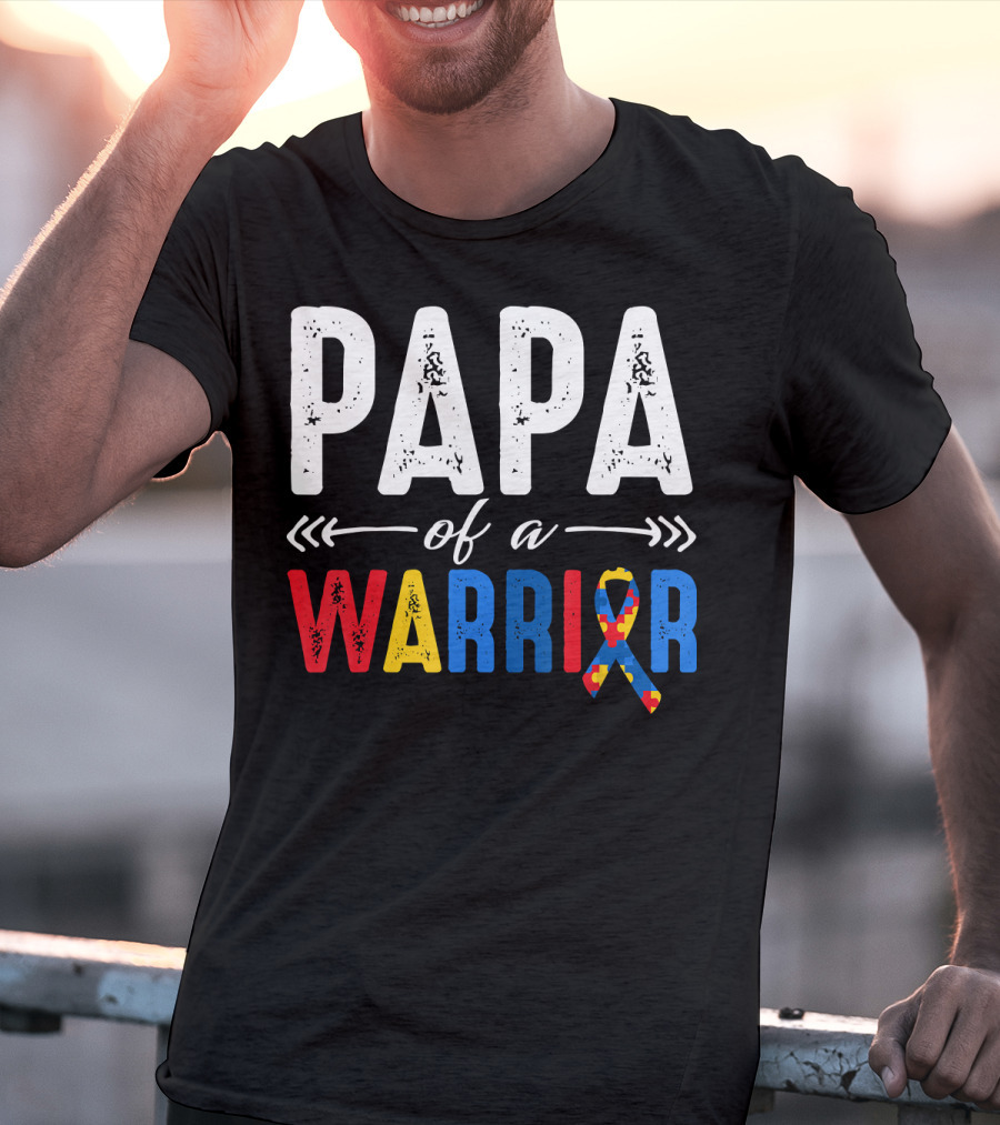 Papa Of A Warrior Autism Awareness Grandpa Colorful Puzzle T-Shirt