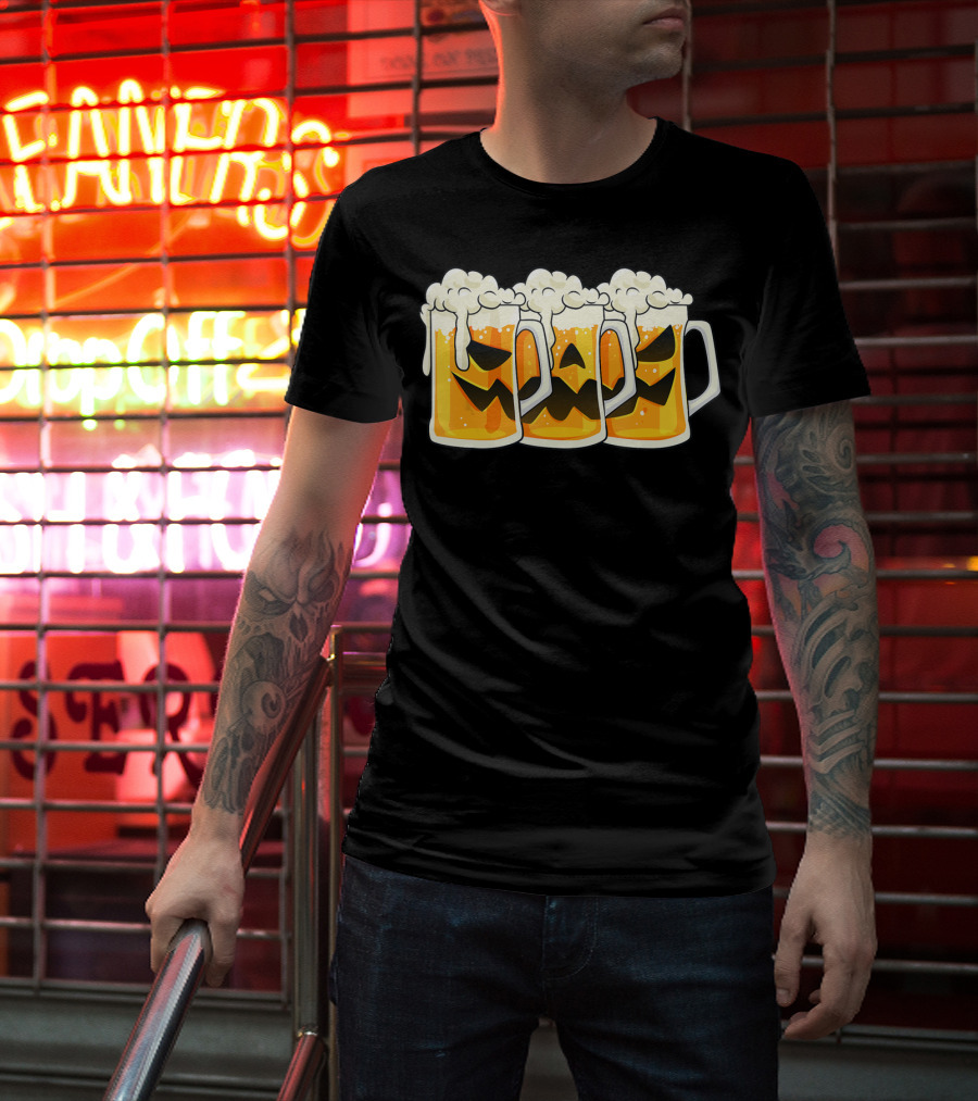 Halloween Jack O Lantern Beer Mug Faces T-Shirt