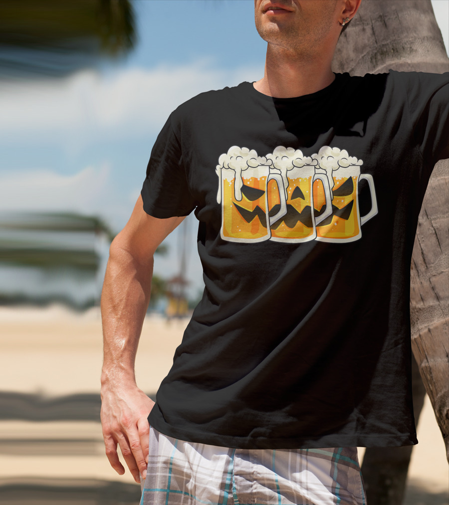 Halloween Jack O Lantern Beer Mug Faces T-Shirt