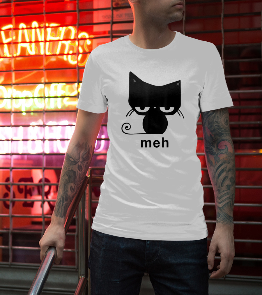 Meh Black Cat Funny For Cat Lovers Lazily Expressive Cat Enthusiast Humor T-Shirt