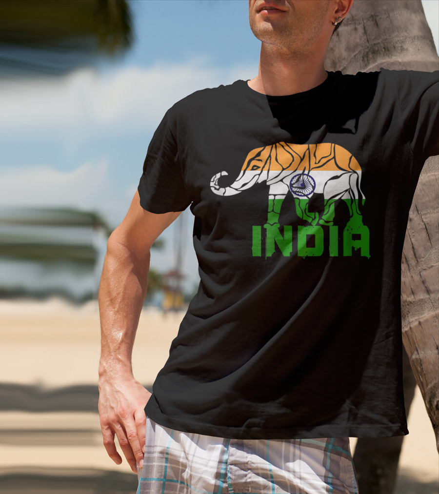 India Elephant With National Flag Colors And India Text T-Shirt