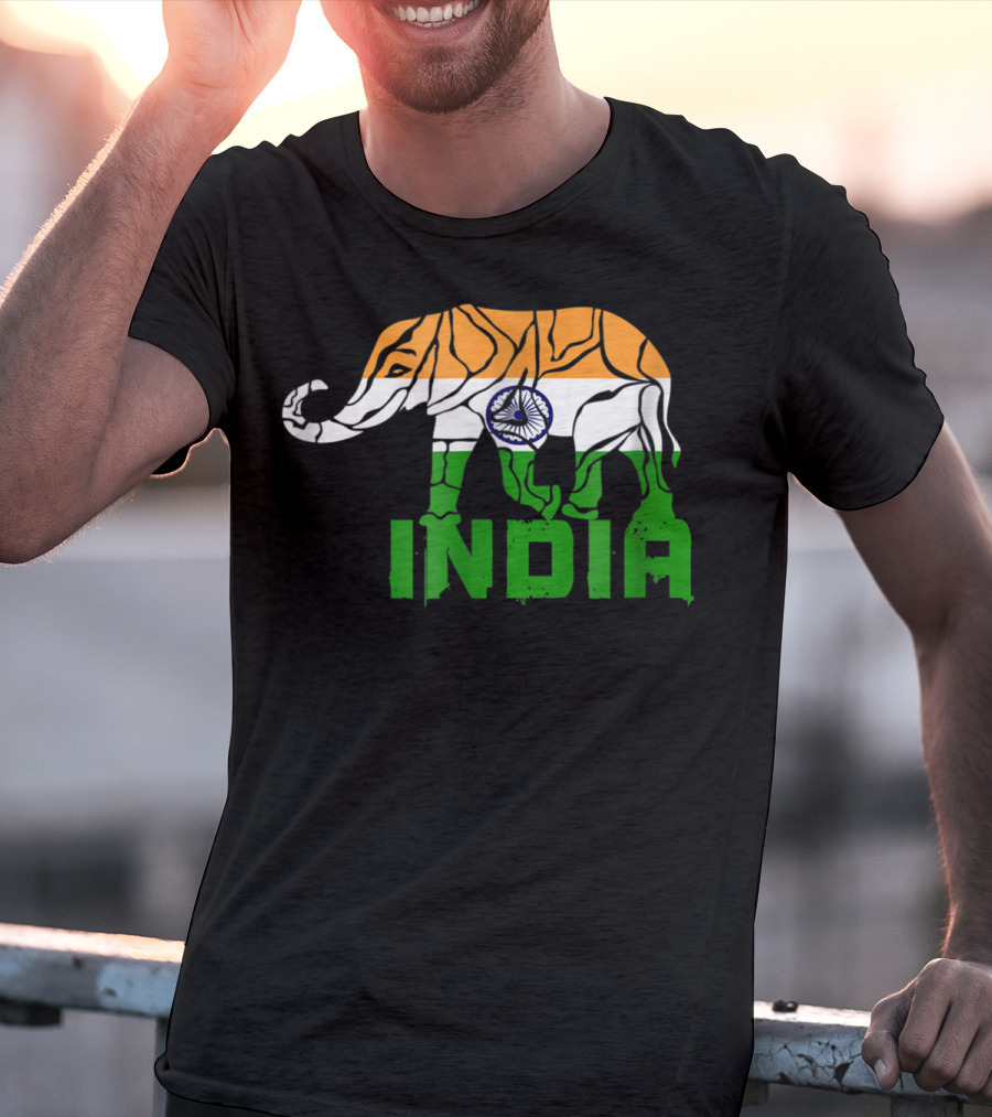 India Elephant With National Flag Colors And India Text T-Shirt