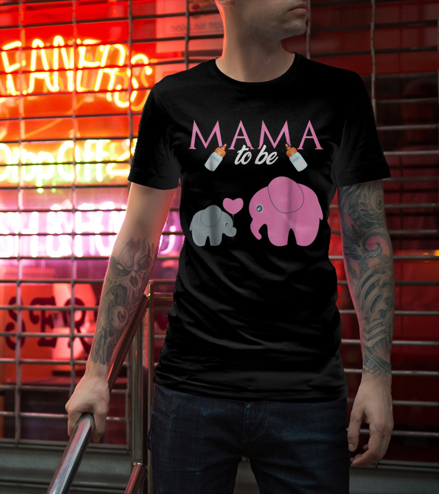 Mama To Be Pink Elephant Baby Shower With Milk Bottles And Heart Balloon T-Shirt