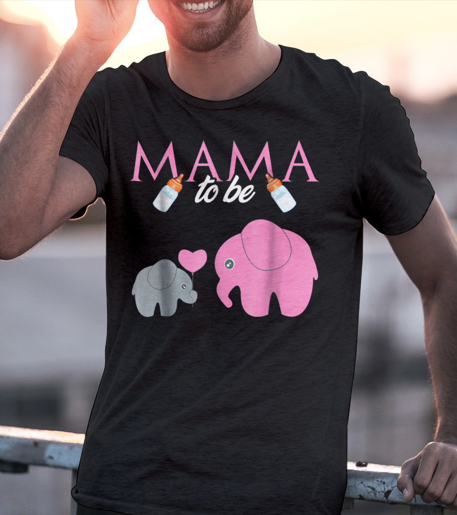 Mama To Be Pink Elephant Baby Shower With Milk Bottles And Heart Balloon T-Shirt