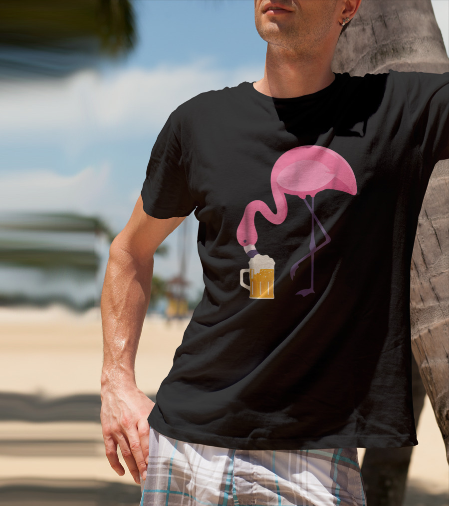 Flamingo Drinking Beer Concept With Pink Bird And Pint Glass T-Shirt